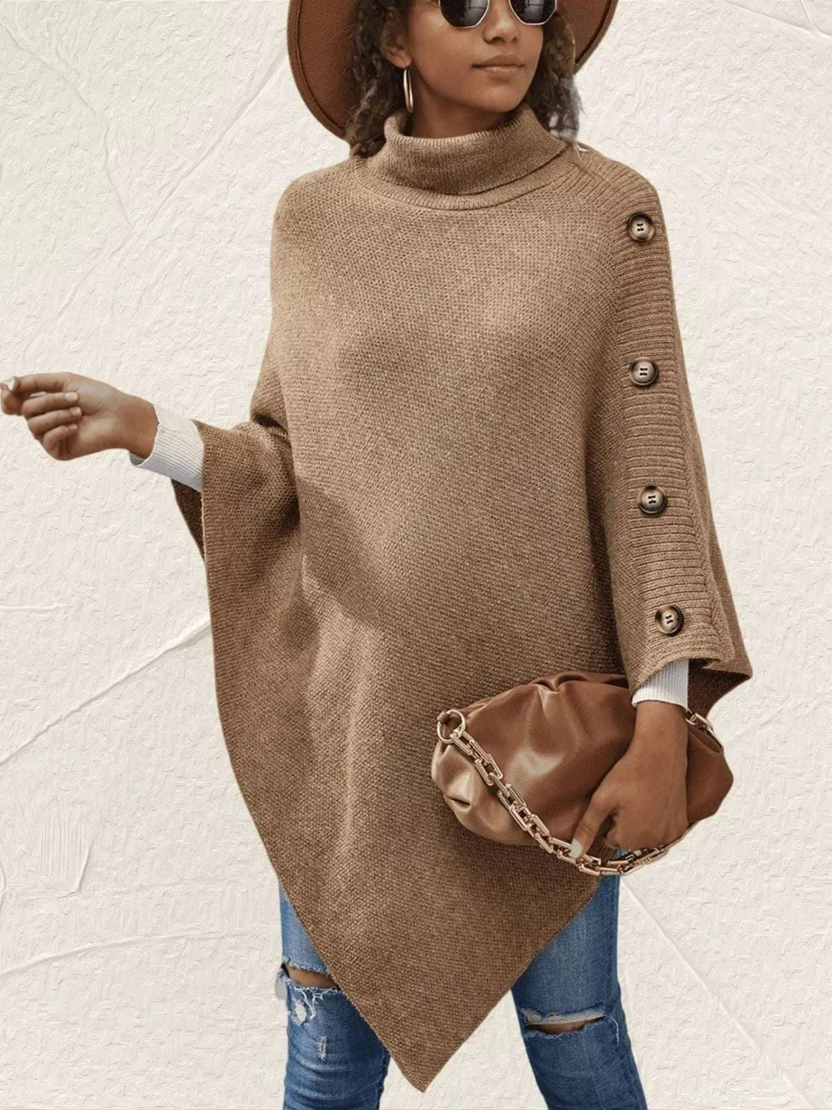 Button-Decor Turtleneck Poncho Pullover WESTCLOSET