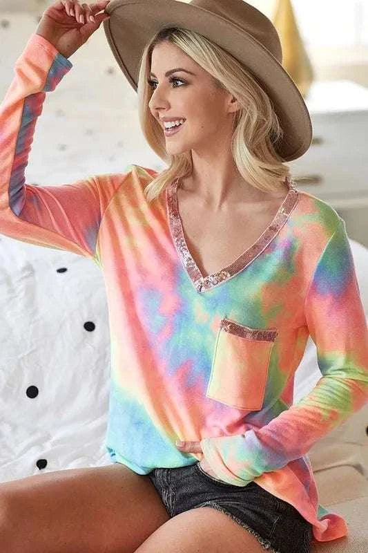 BiBi Tie Dye V-neck Terry Knit Top With Sequins WESTCLOSET