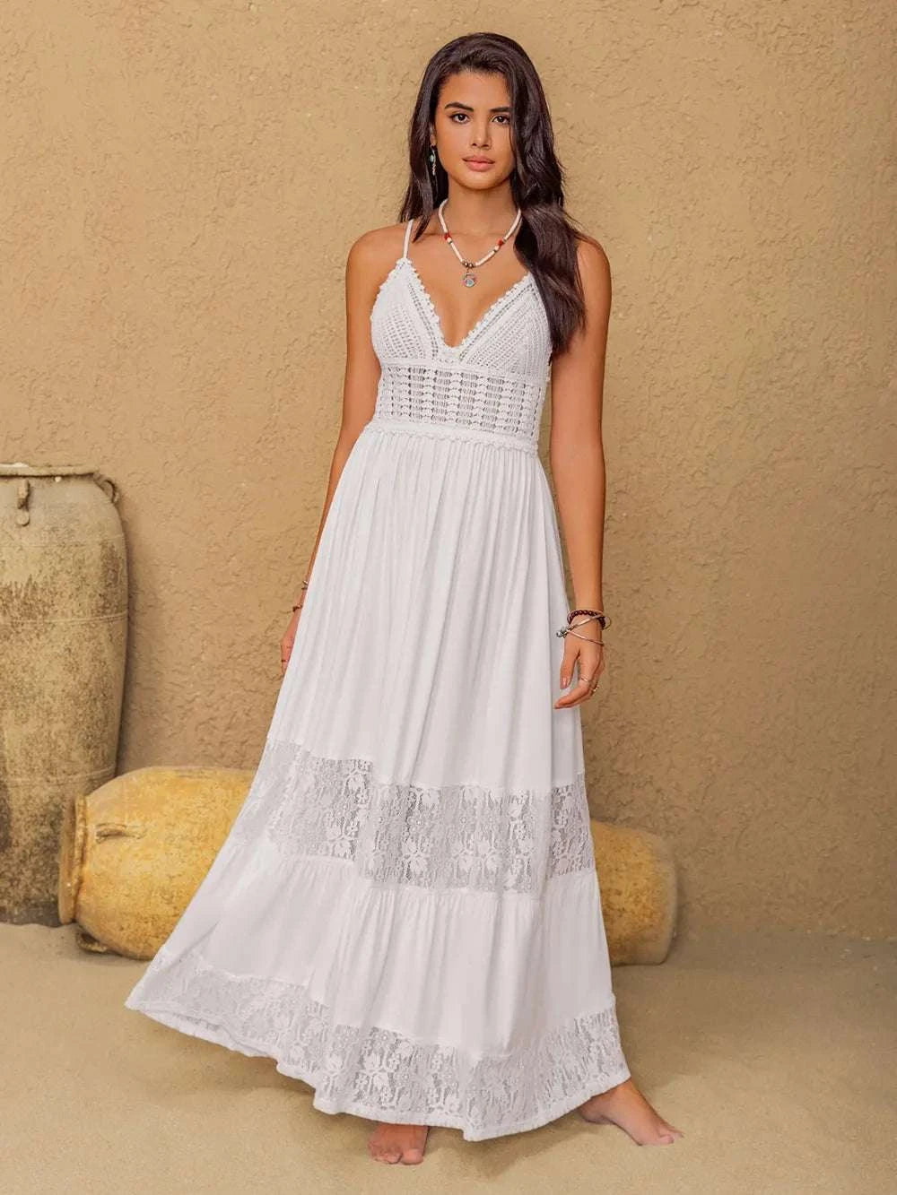 Lace Detail Crochet Tiered Maxi Cami Dress WESTCLOSET