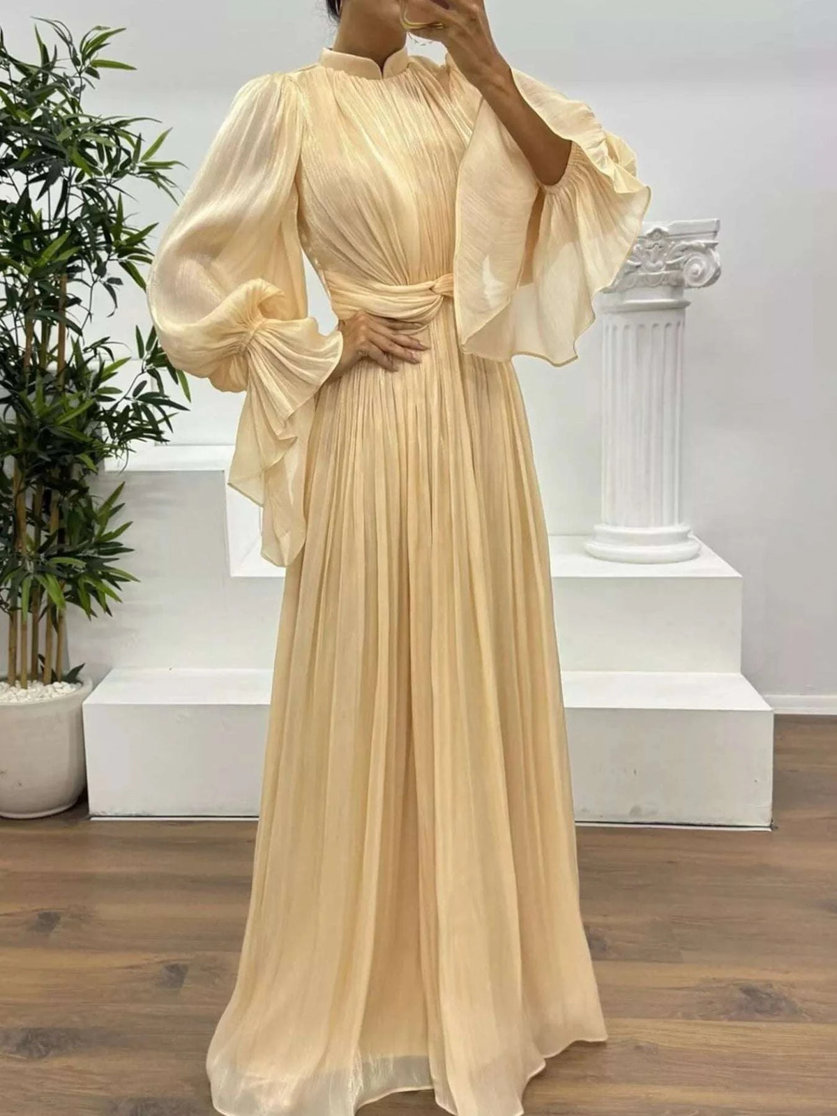 Pleated Mock Neck Long Sleeve Maxi Dress WESTCLOSET
