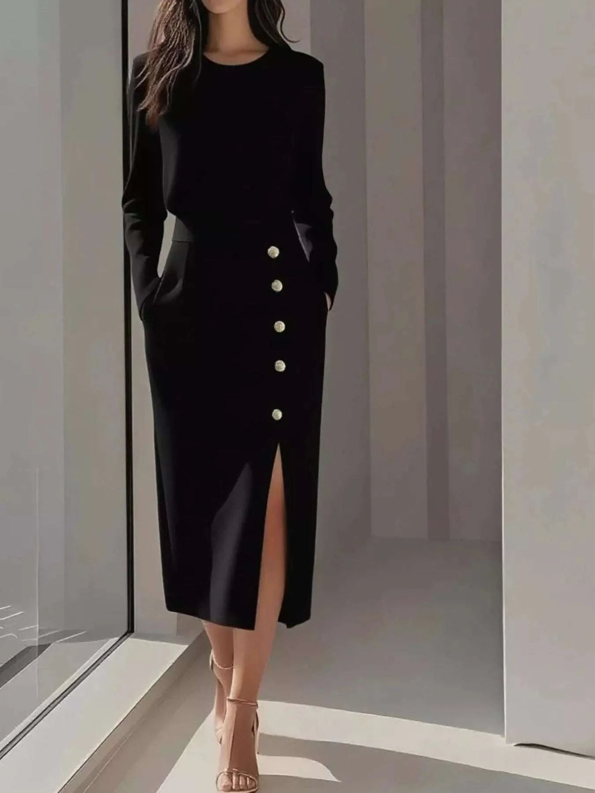 Long Sleeve Button Detail Midi Dress with Side Slit WESTCLOSET