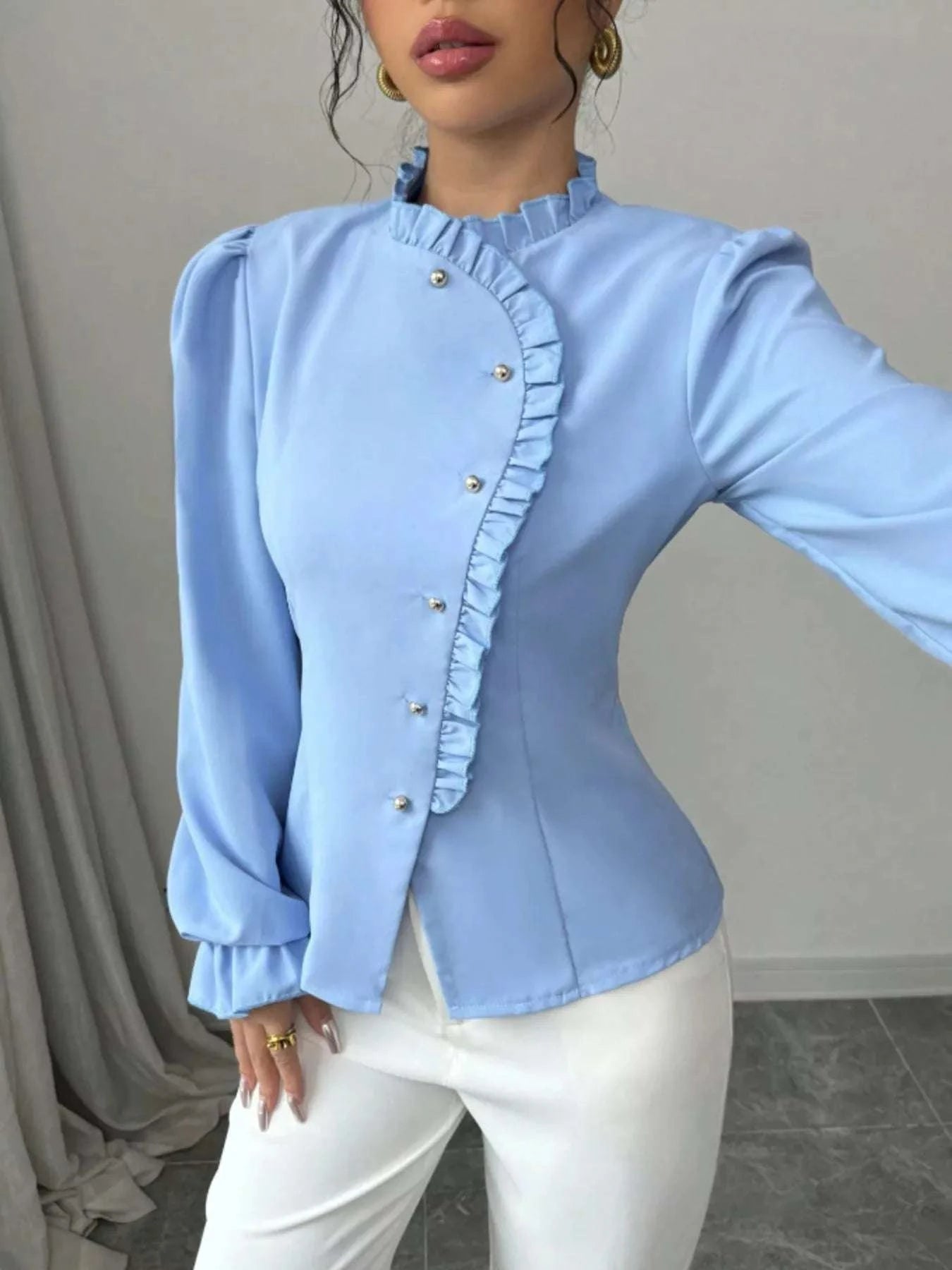 Ruffle Trim Long Sleeve Blouse WESTCLOSET