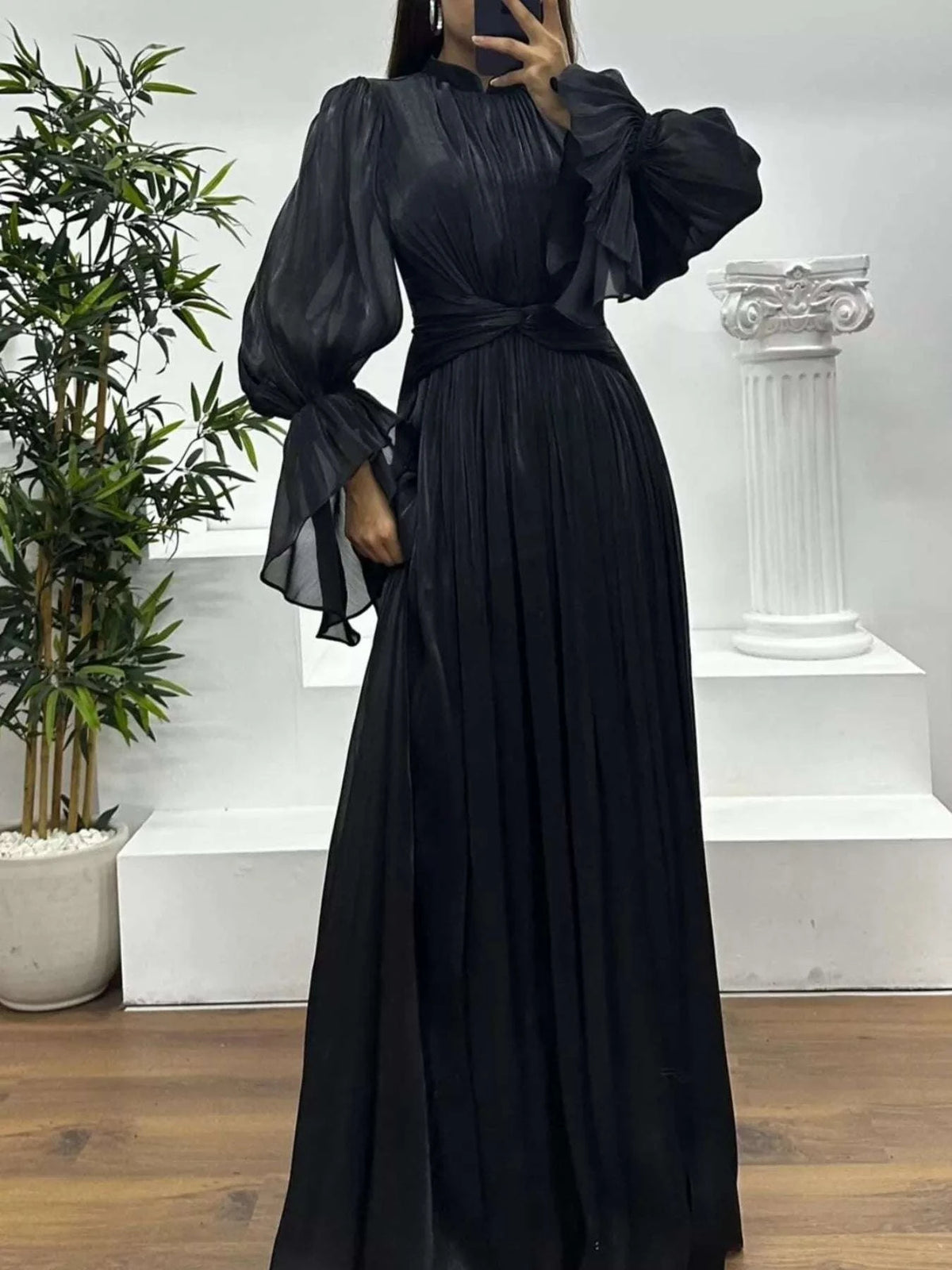 Pleated Mock Neck Long Sleeve Maxi Dress WESTCLOSET