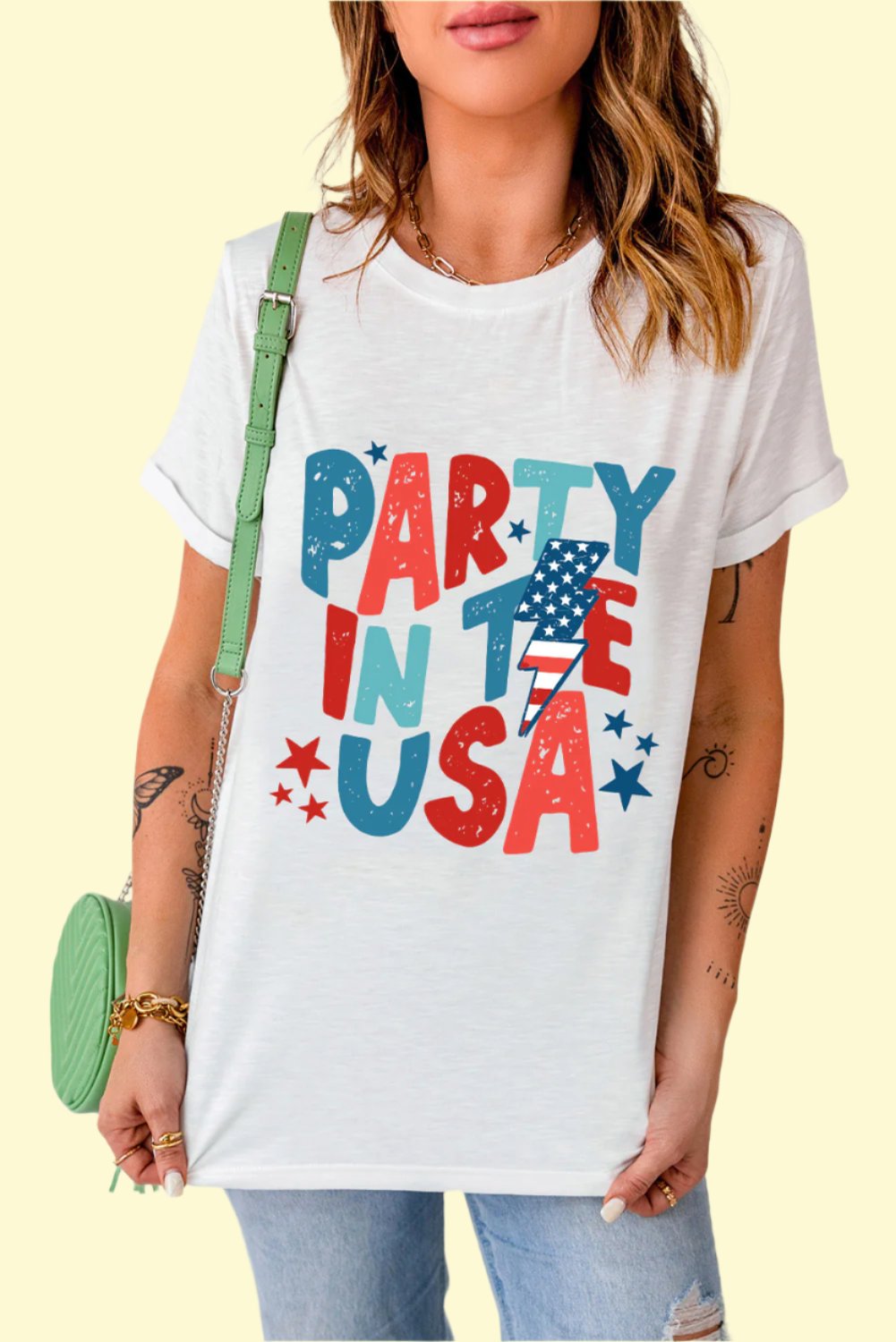 white graphic tee with a round neck