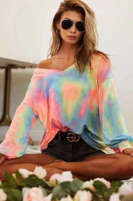 BiBi Tie Dye French Terry V Neck Top WESTCLOSET