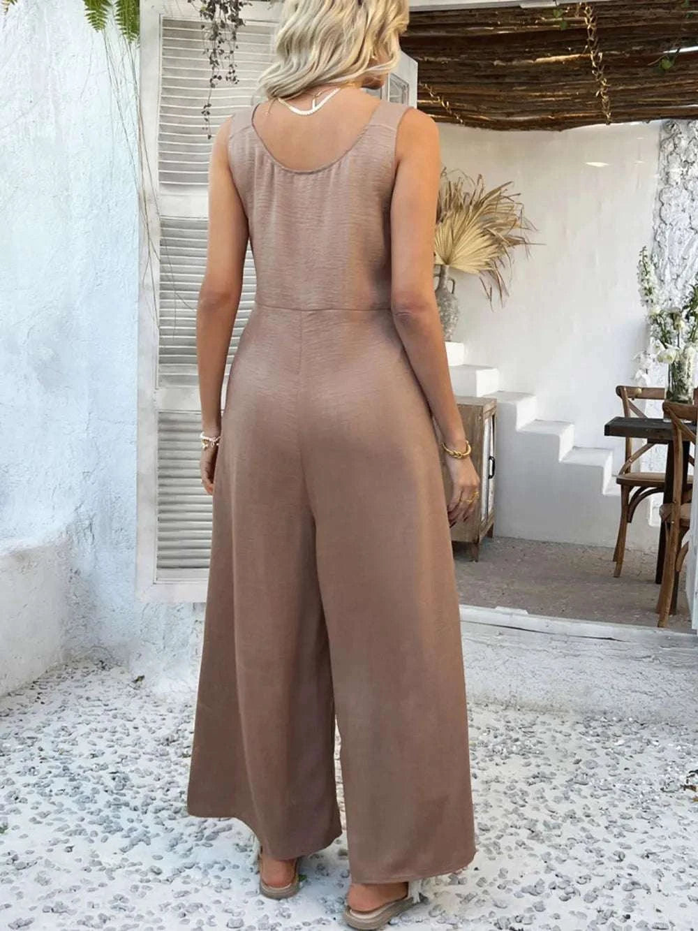 Devine Button Front Knotted Strap Wide Leg Jumpsuit WESTCLOSET