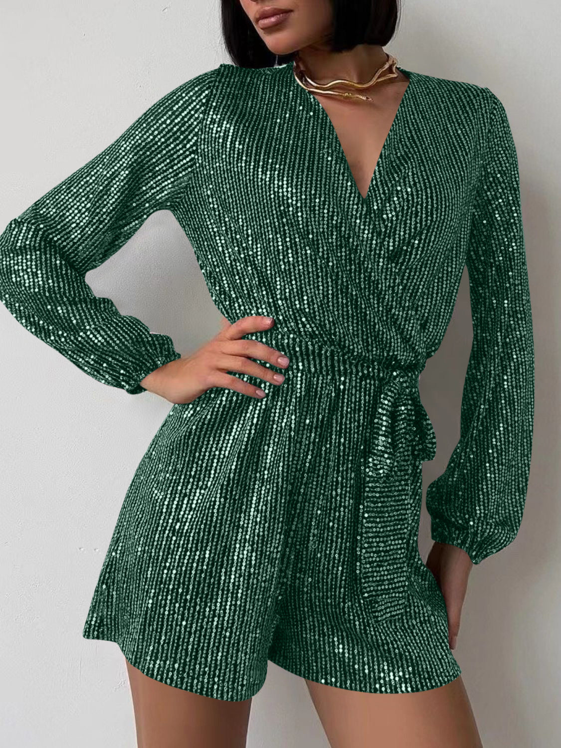 WestCloset Full Size Sequin Surplice Tie Waist Long Sleeve Romper 