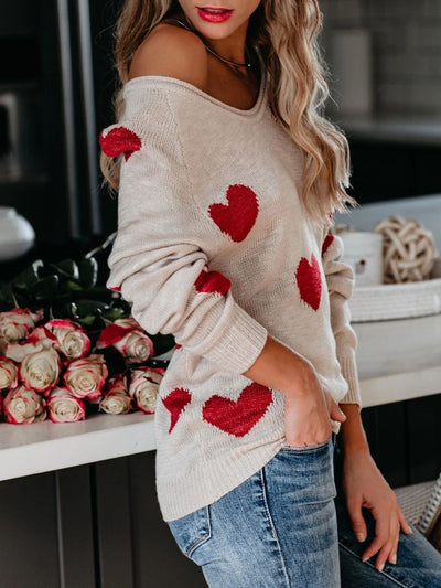 WestCloset Heart Scoop Neck Long Sleeve Sweater 