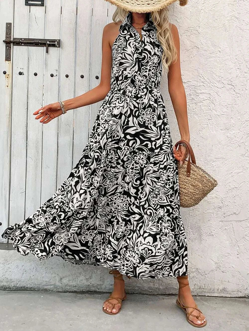 Perfee Backless Smocked Printed Sleeveless Midi Dress WESTCLOSET