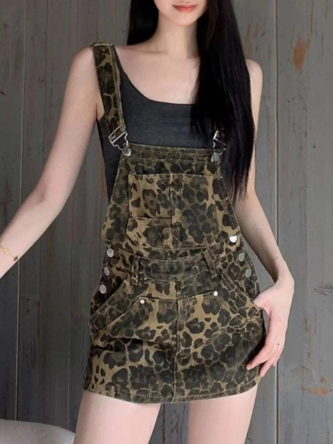 Leopard Print Denim Overall Dress WESTCLOSET
