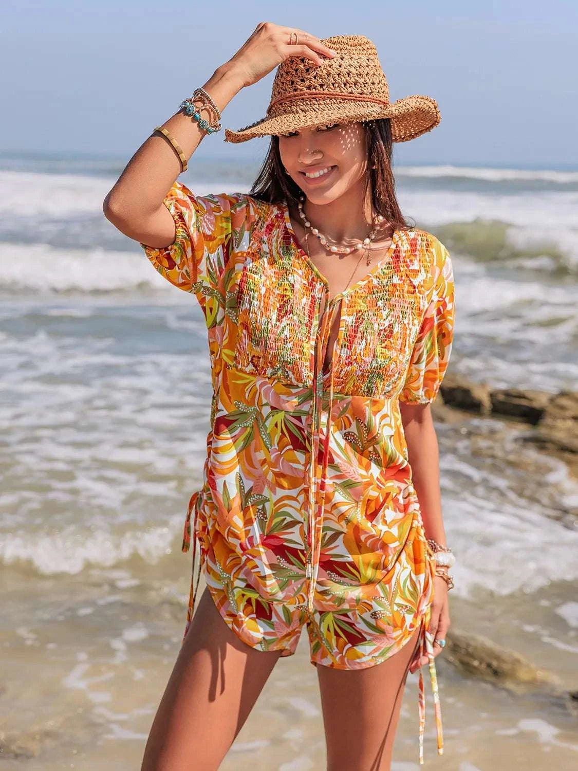 Smocked Printed Tie Neck Romper WESTCLOSET