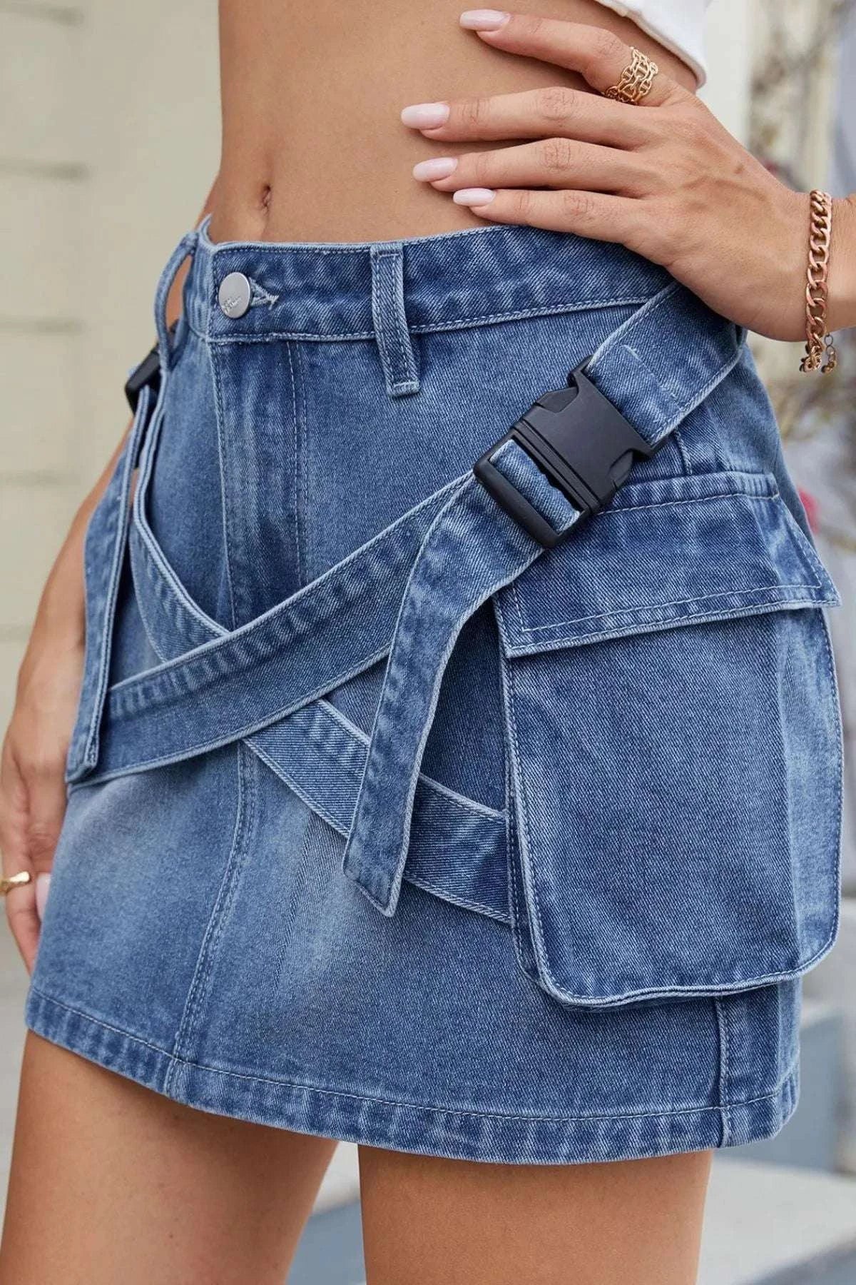 Criss-Cross Waist Detail Denim Mini Skirt WESTCLOSET