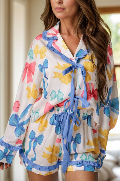 WestCloset Bow Print Collared Neck Top and Shorts Lounge Set 