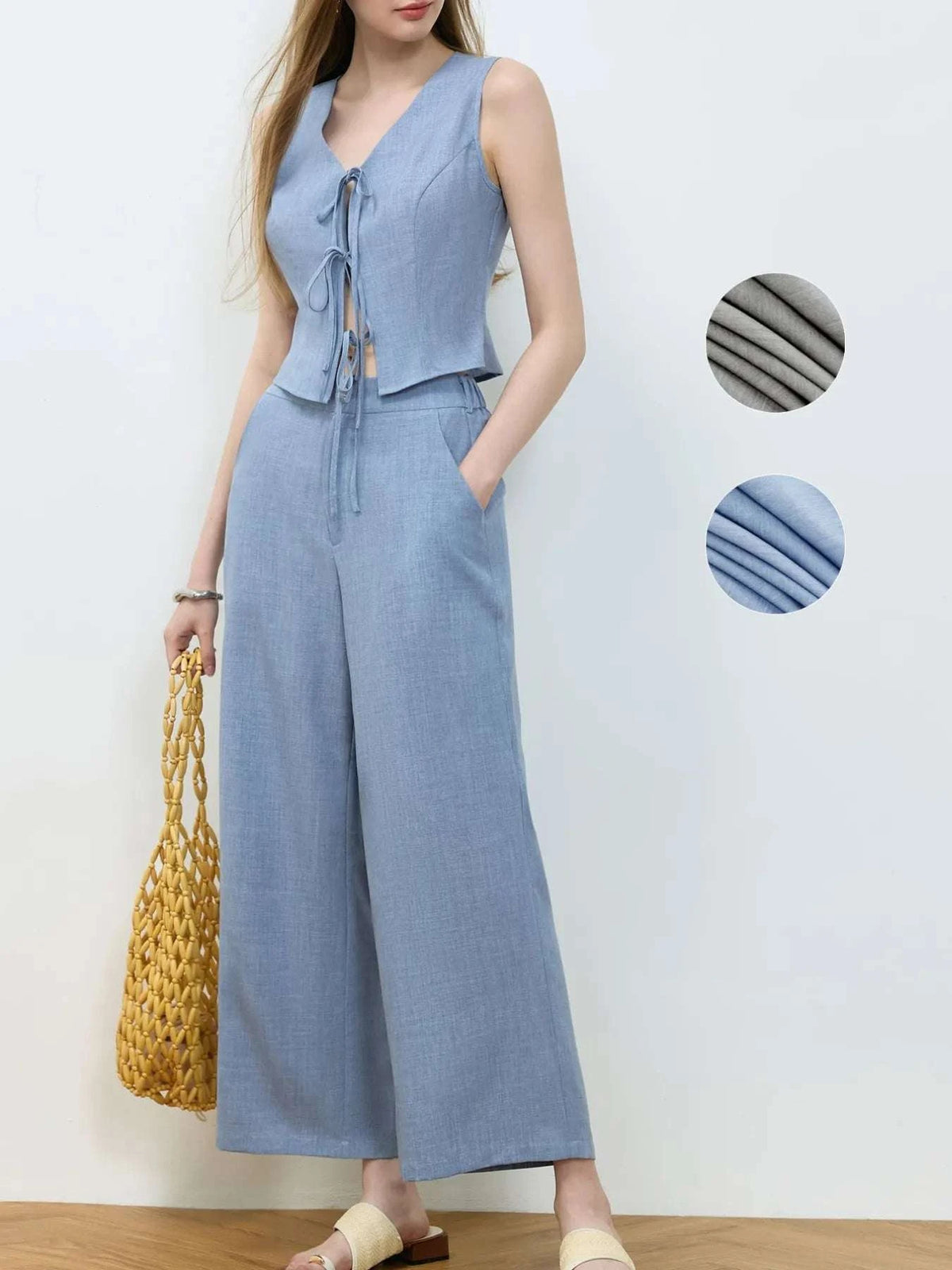 Tie Front Vest and Wide Leg Pants Set WESTCLOSET