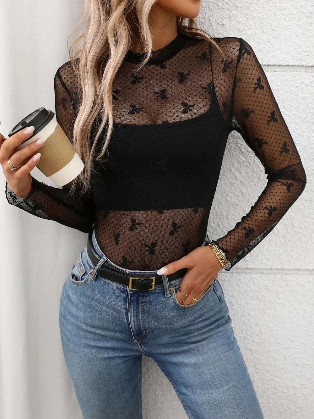Floral Mock Neck Long Sleeve Mesh Top WESTCLOSET