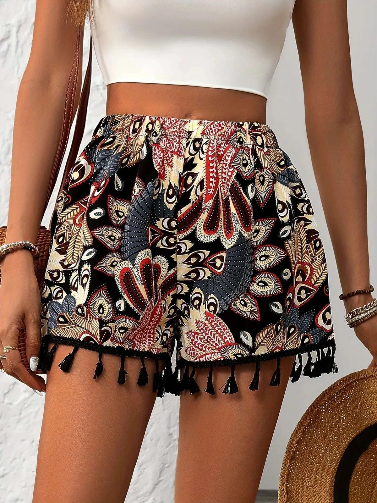 Paisley Print Tassel Hem Shorts WESTCLOSET