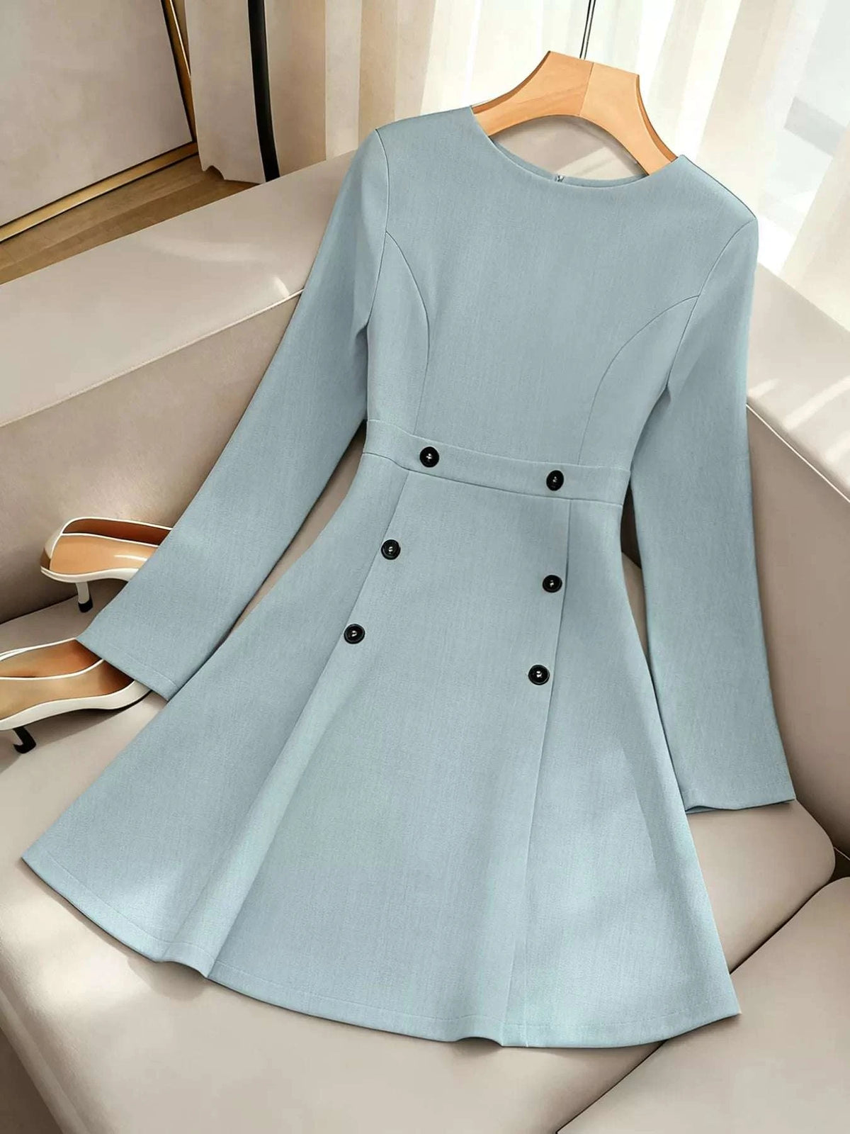 A-Line Decor Button Long Sleeve Dress WESTCLOSET