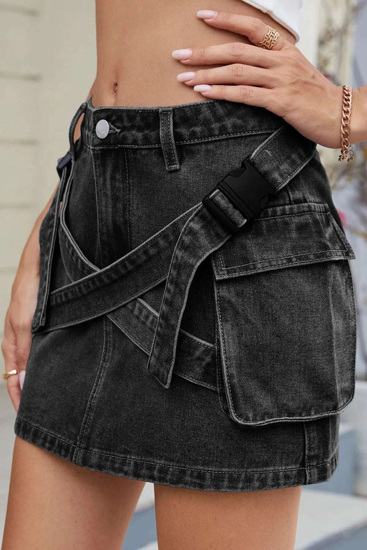 Criss-Cross Waist Detail Denim Mini Skirt WESTCLOSET