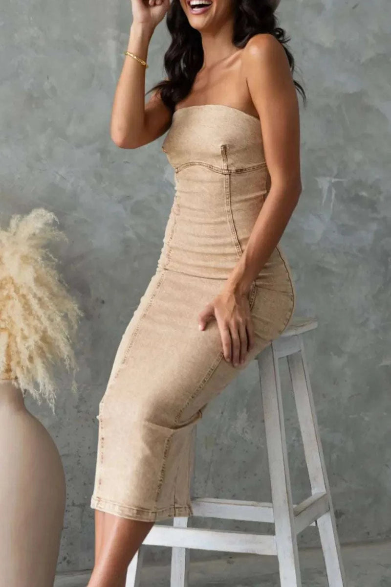 Washed Slit Back Tube Denim Dress WESTCLOSET