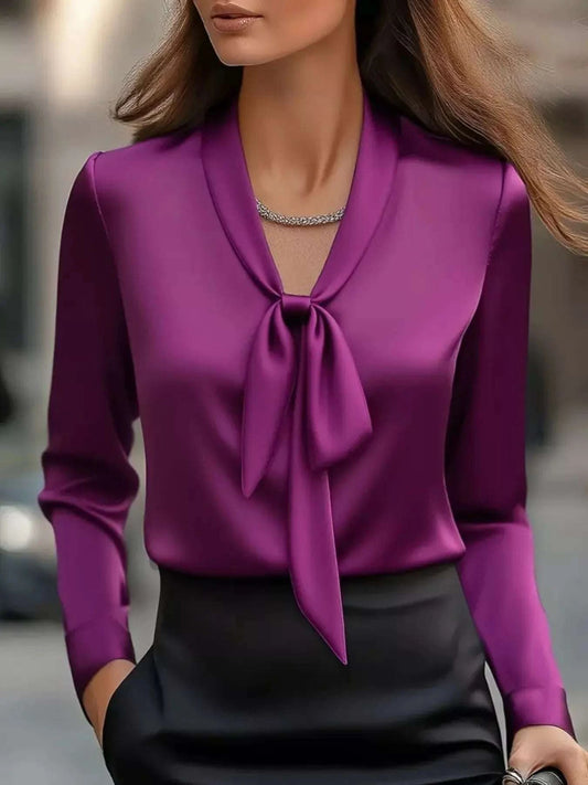 Satin Tie Front Long Sleeve Blouse WESTCLOSET