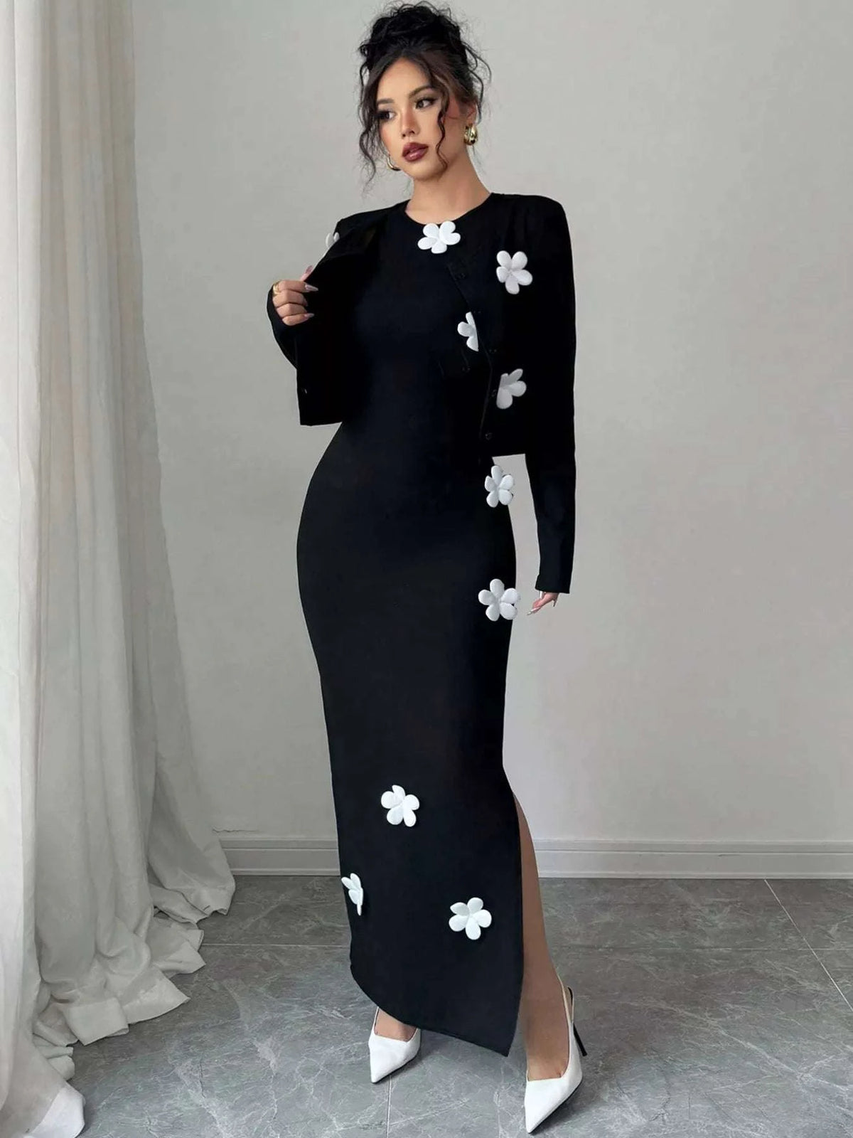 Floral Applique Cardigan & Bodycon Dress Set WESTCLOSET