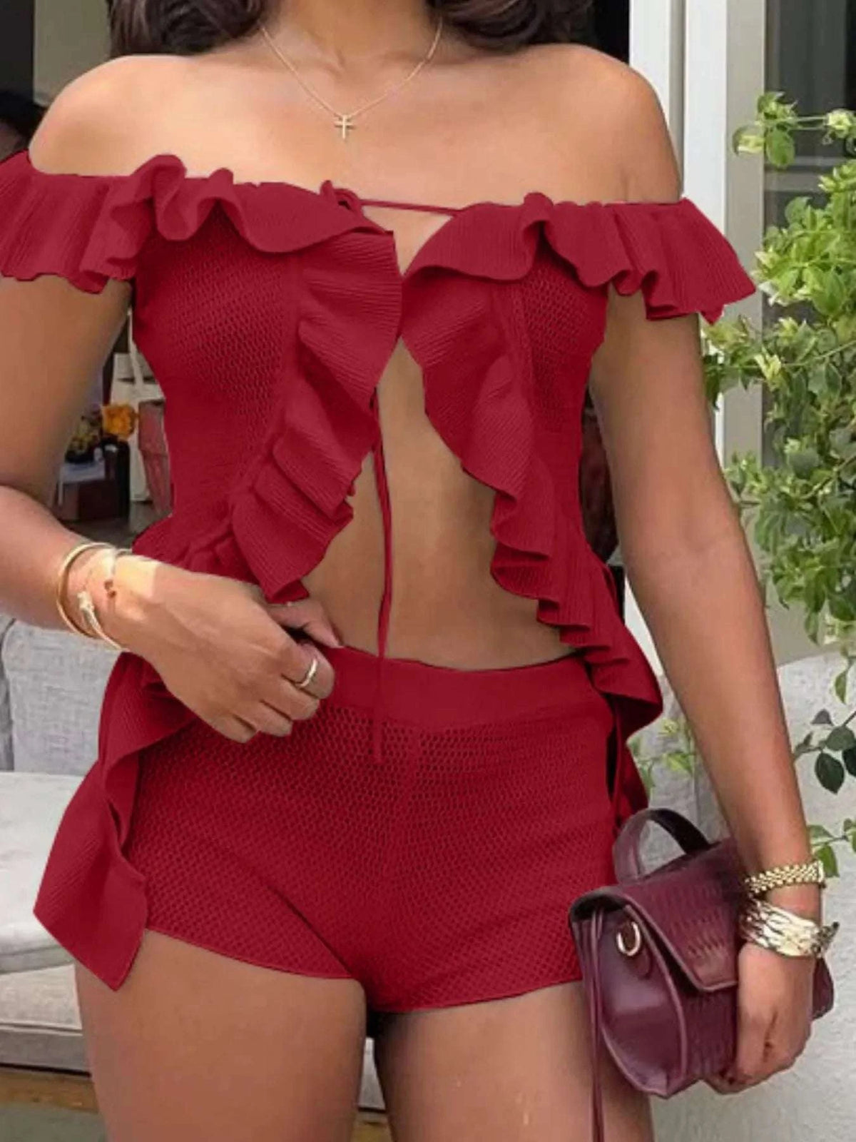 Off-Shoulder Ruffle Top and Shorts Sweater Set WESTCLOSET