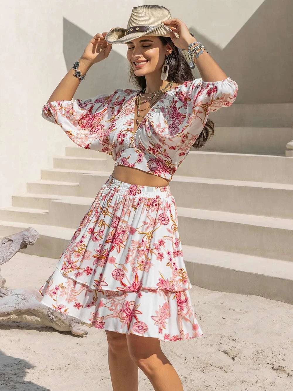 Printed Half Sleeve Top and Layered Skirt Set WESTCLOSET