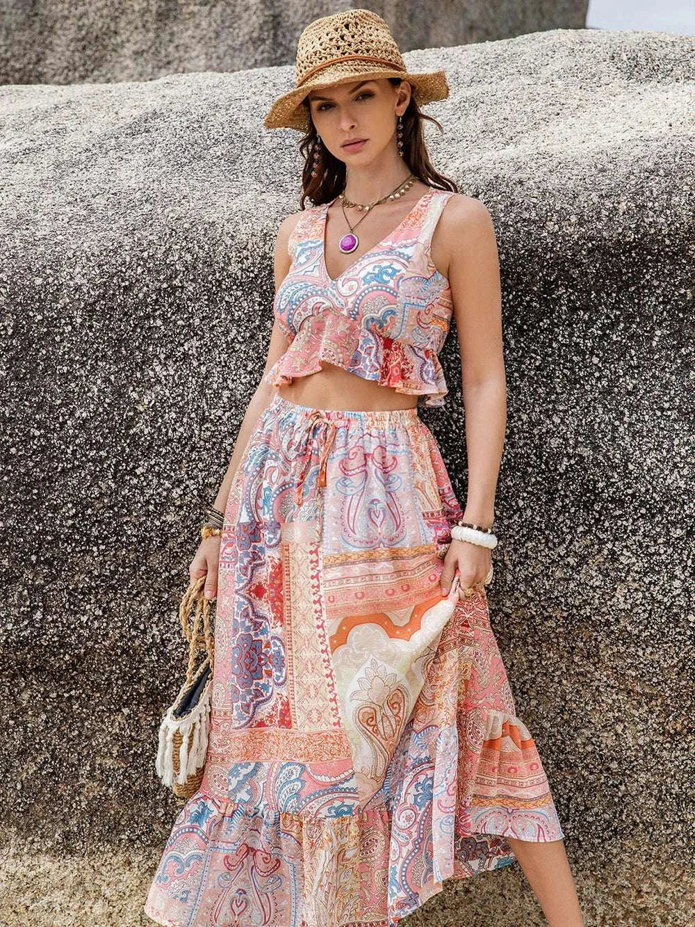 Printed V-Neck Top and Midi Skirt Set WESTCLOSET