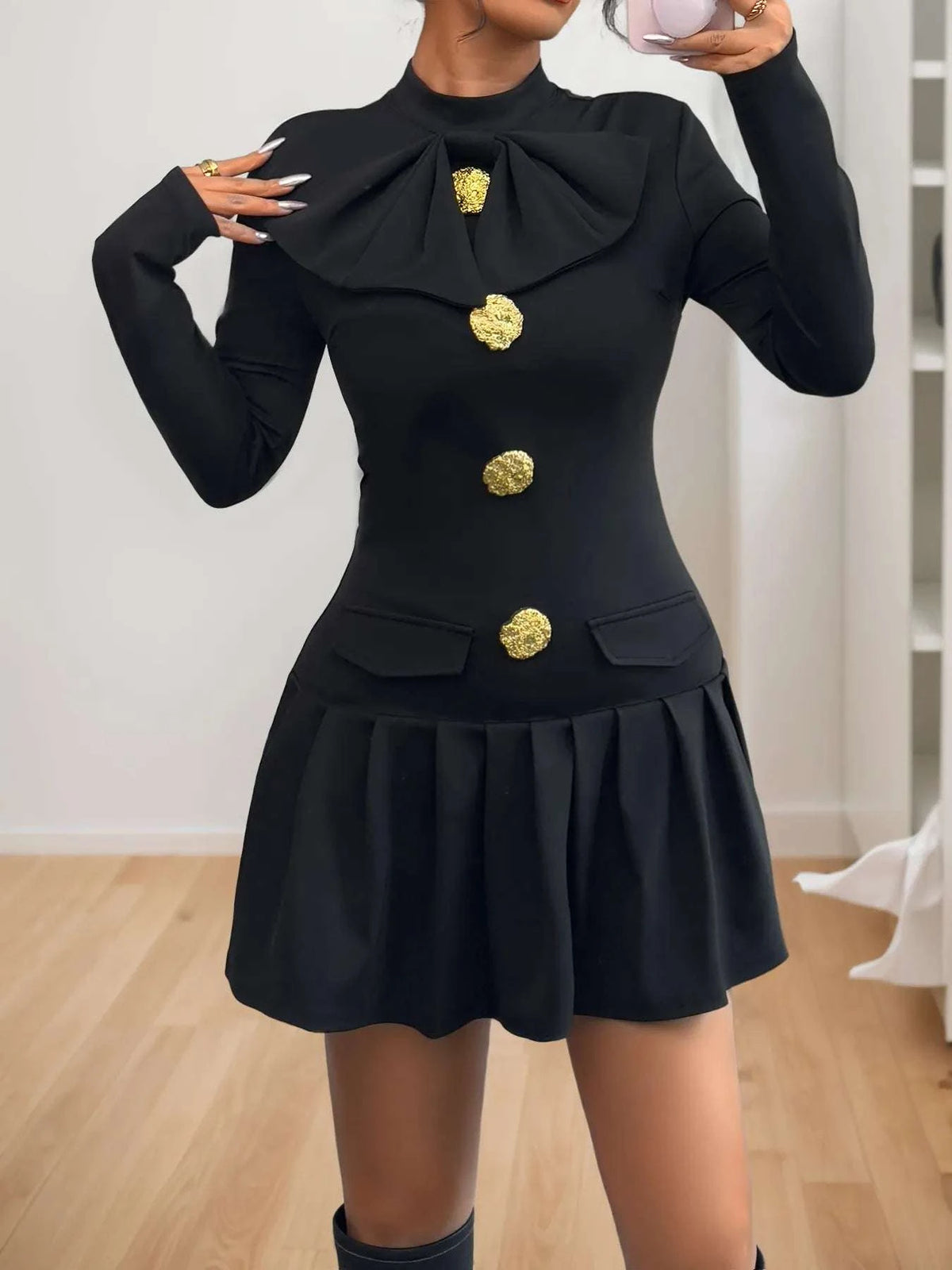 Decorative Button Mock Neck Long Sleeve Mini Dress WESTCLOSET