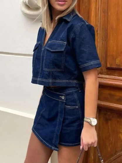 Johnny Collar Short Sleeve Top and Skort Denim Set WESTCLOSET
