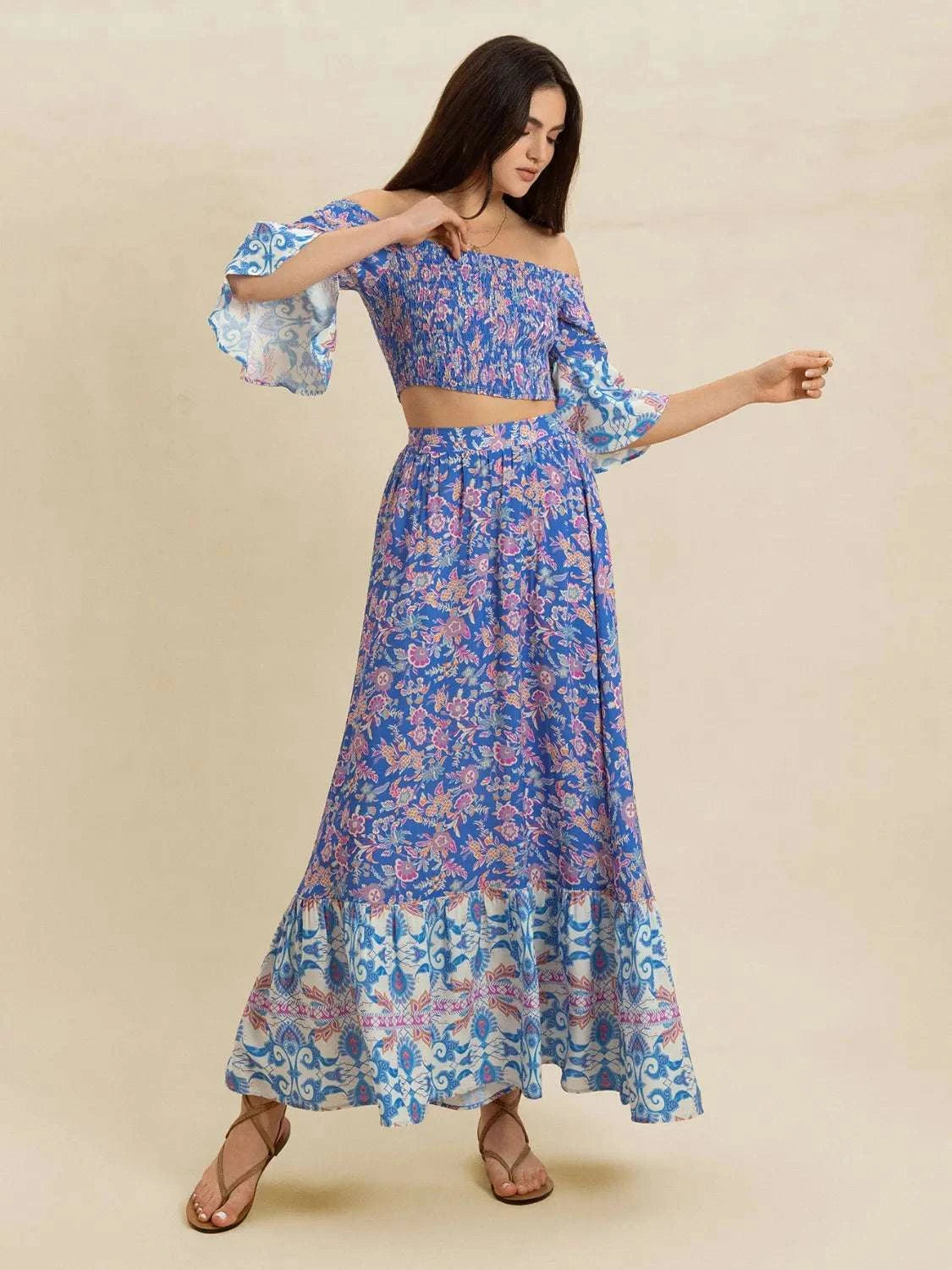Smocked Off-Shoulder Printed Top and Skirt Set WESTCLOSET