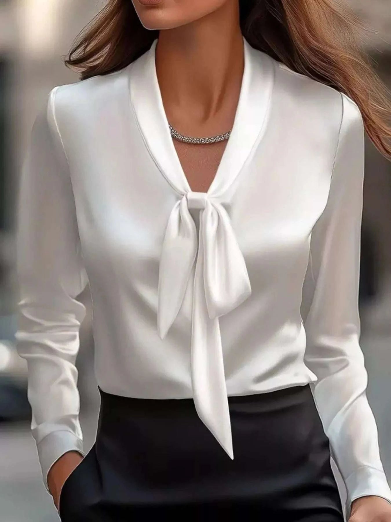 Satin Tie Front Long Sleeve Blouse WESTCLOSET