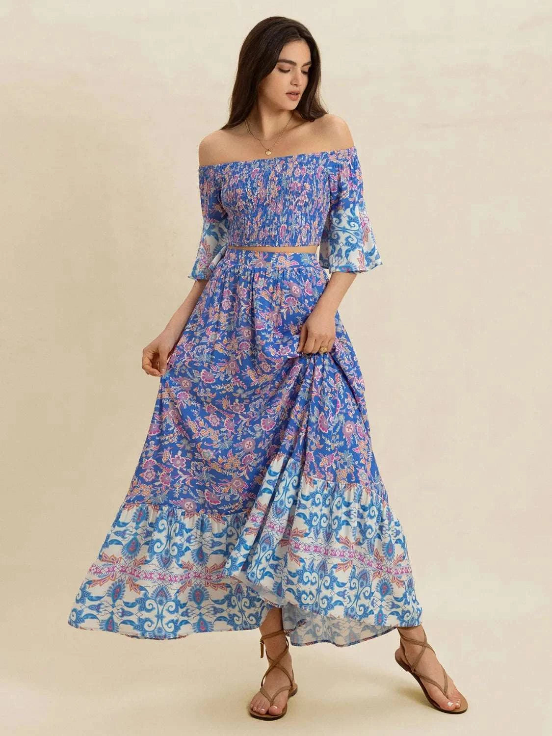 Smocked Off-Shoulder Printed Top and Skirt Set WESTCLOSET