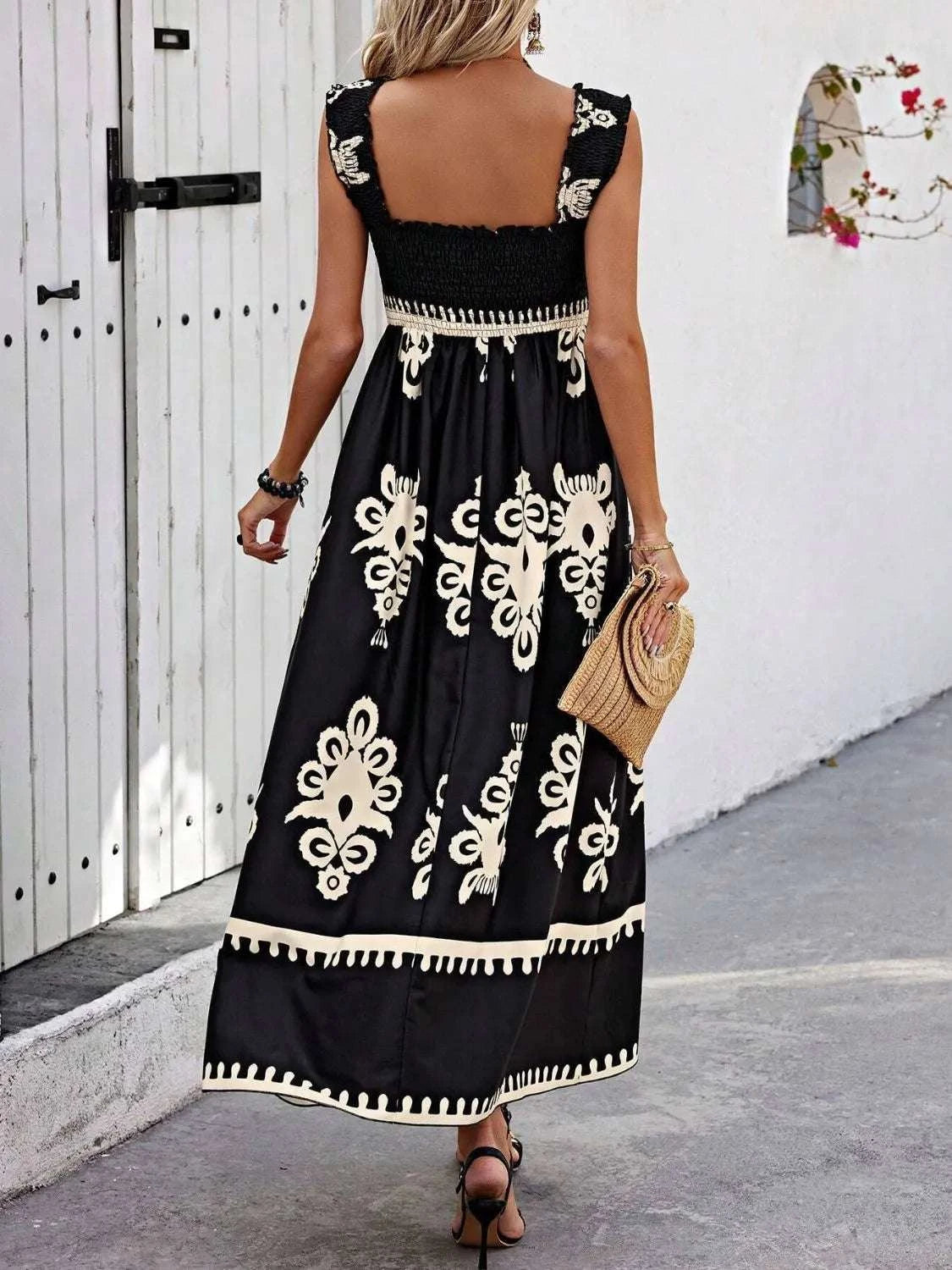 Smocked Printed Wide Strap Maxi Dress WESTCLOSET