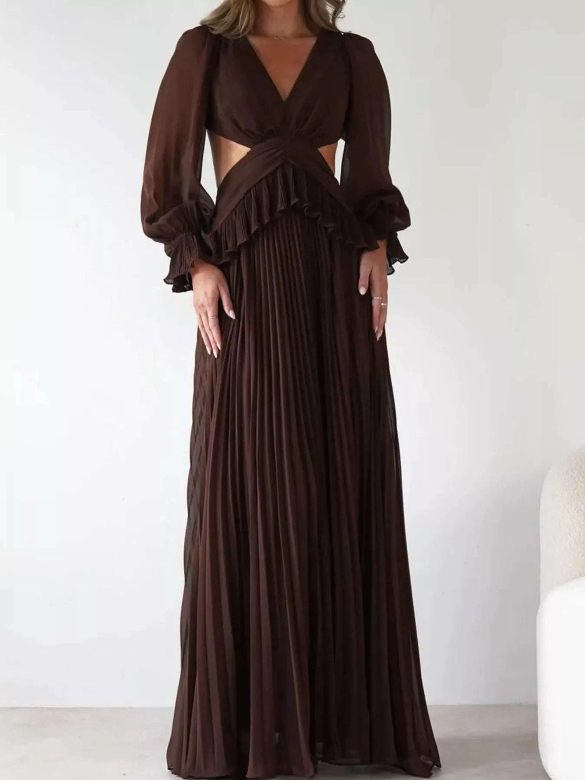 Backless Pleated Long Sleeve Maxi Dress WESTCLOSET