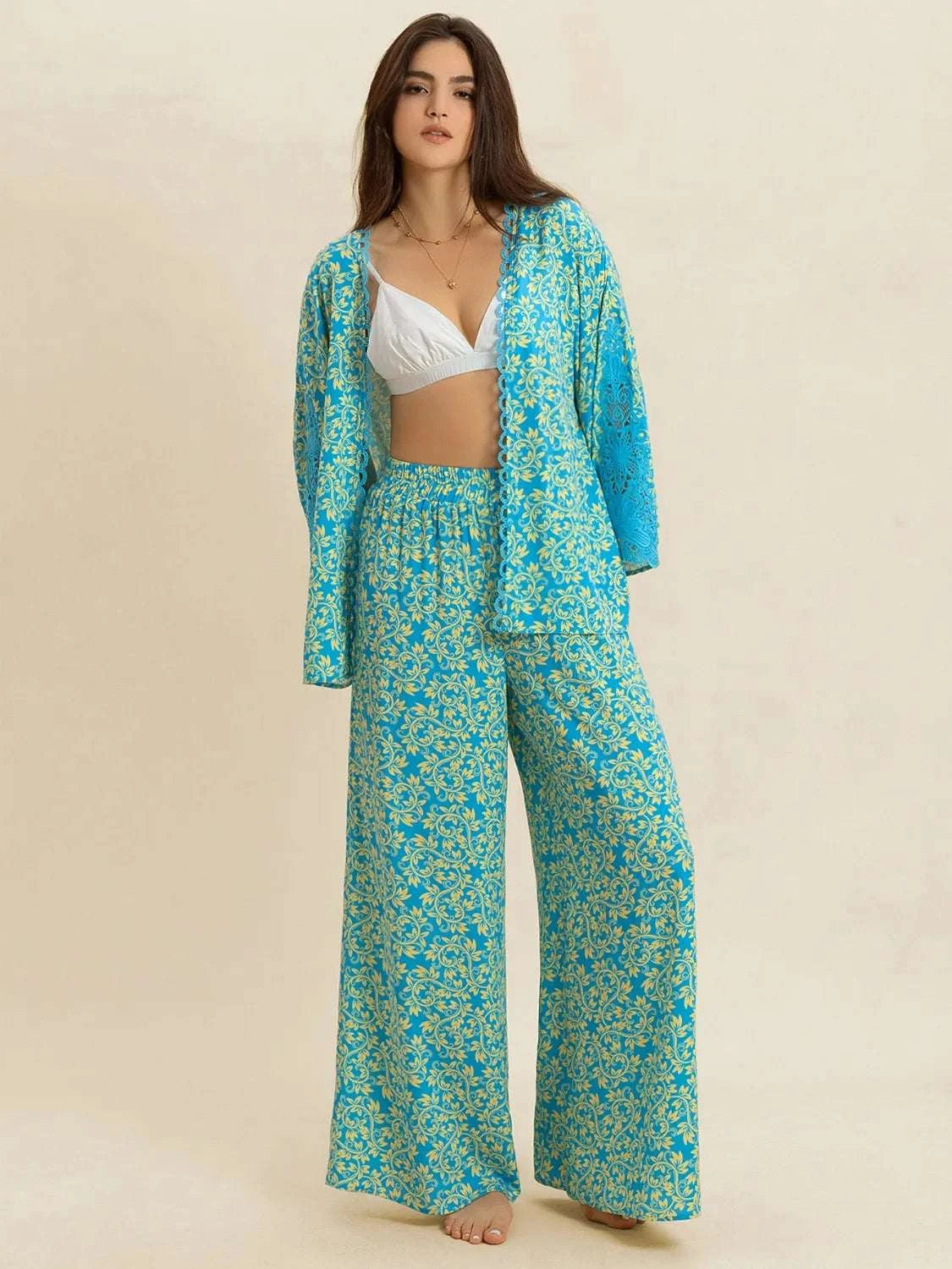 Open Front Printed Top and Pants Set WESTCLOSET