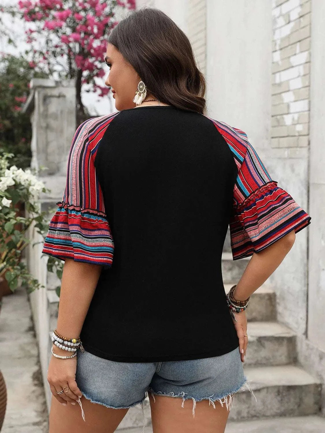 Plus Size V-Neck Flounce Sleeve Top WESTCLOSET