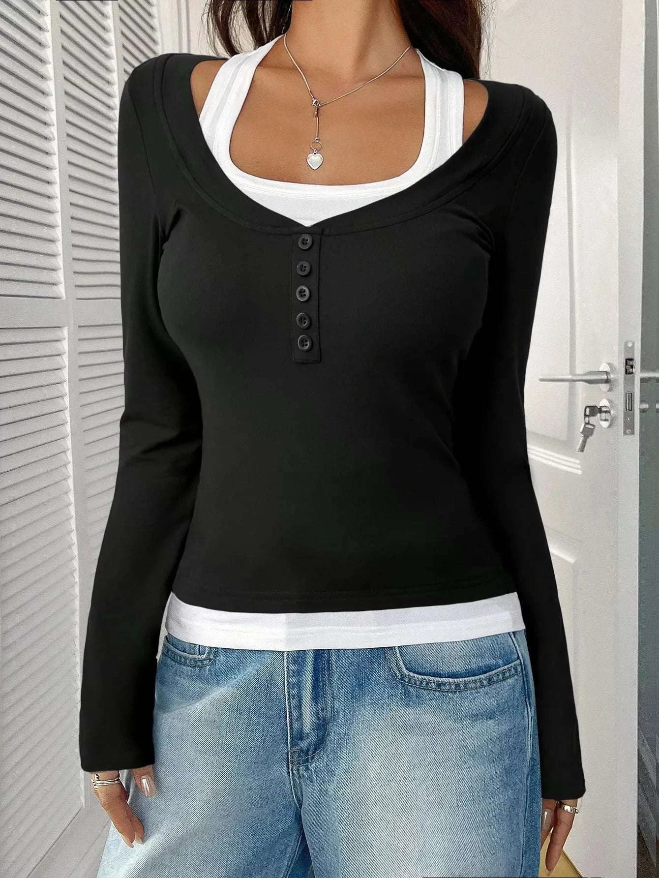Contrast Long Sleeve Fake Two-Piece T-Shirt WESTCLOSET
