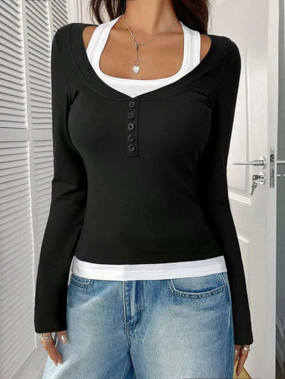 Contrast Long Sleeve Fake Two-Piece T-Shirt WESTCLOSET