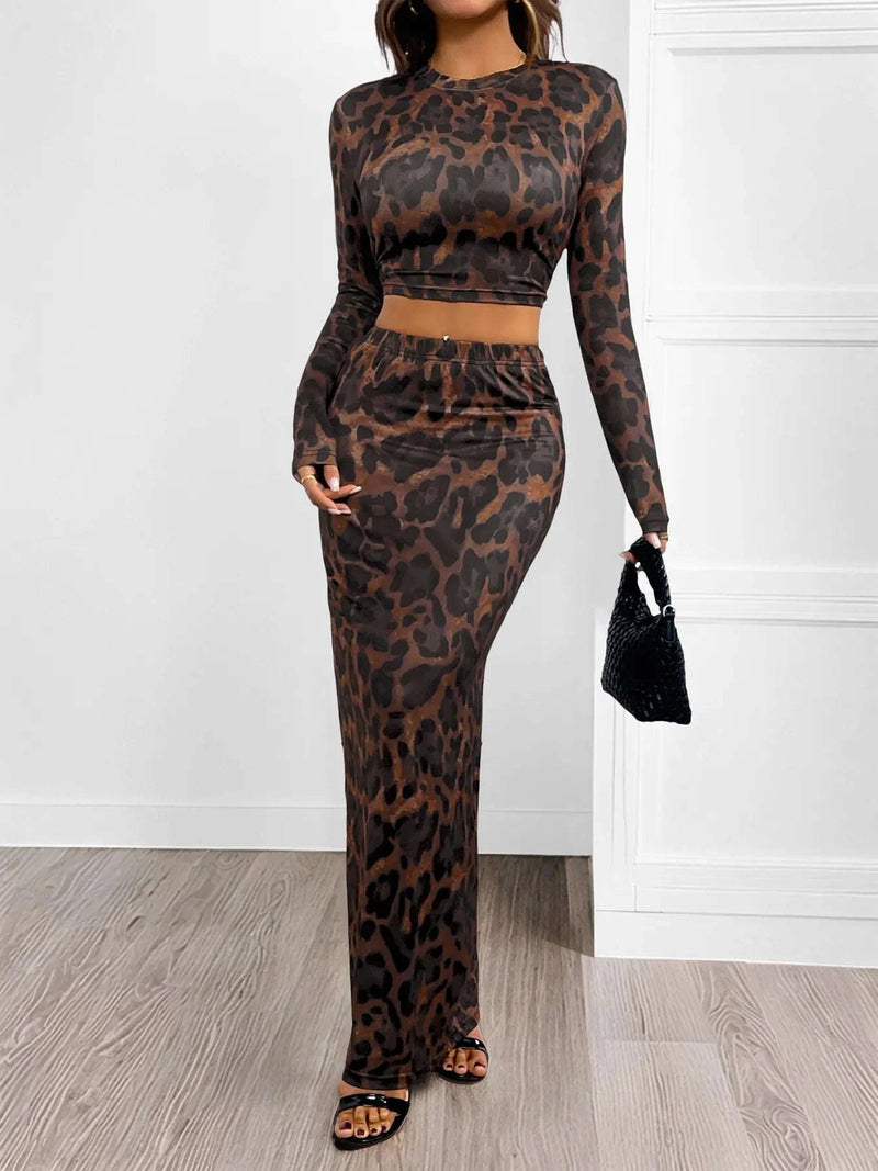 Leopard Round Neck Top and Skirt Set WESTCLOSET