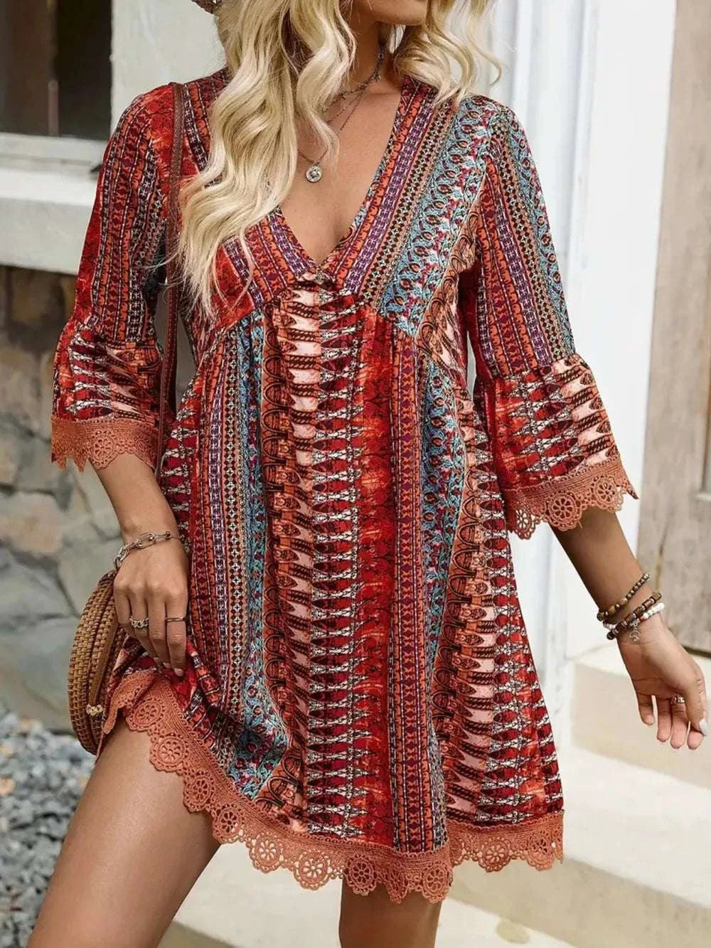 Lace Trim Printed V-Neck 3/4 Sleeve Dress WESTCLOSET