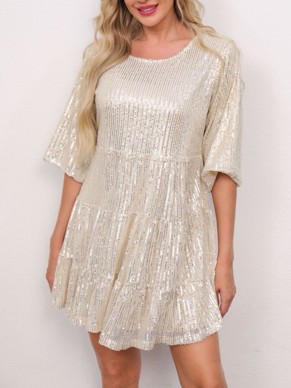 half sleeve sequin dress Sequin Champagne Half-sleeve Floor-length Sheath Evening Prom Dress