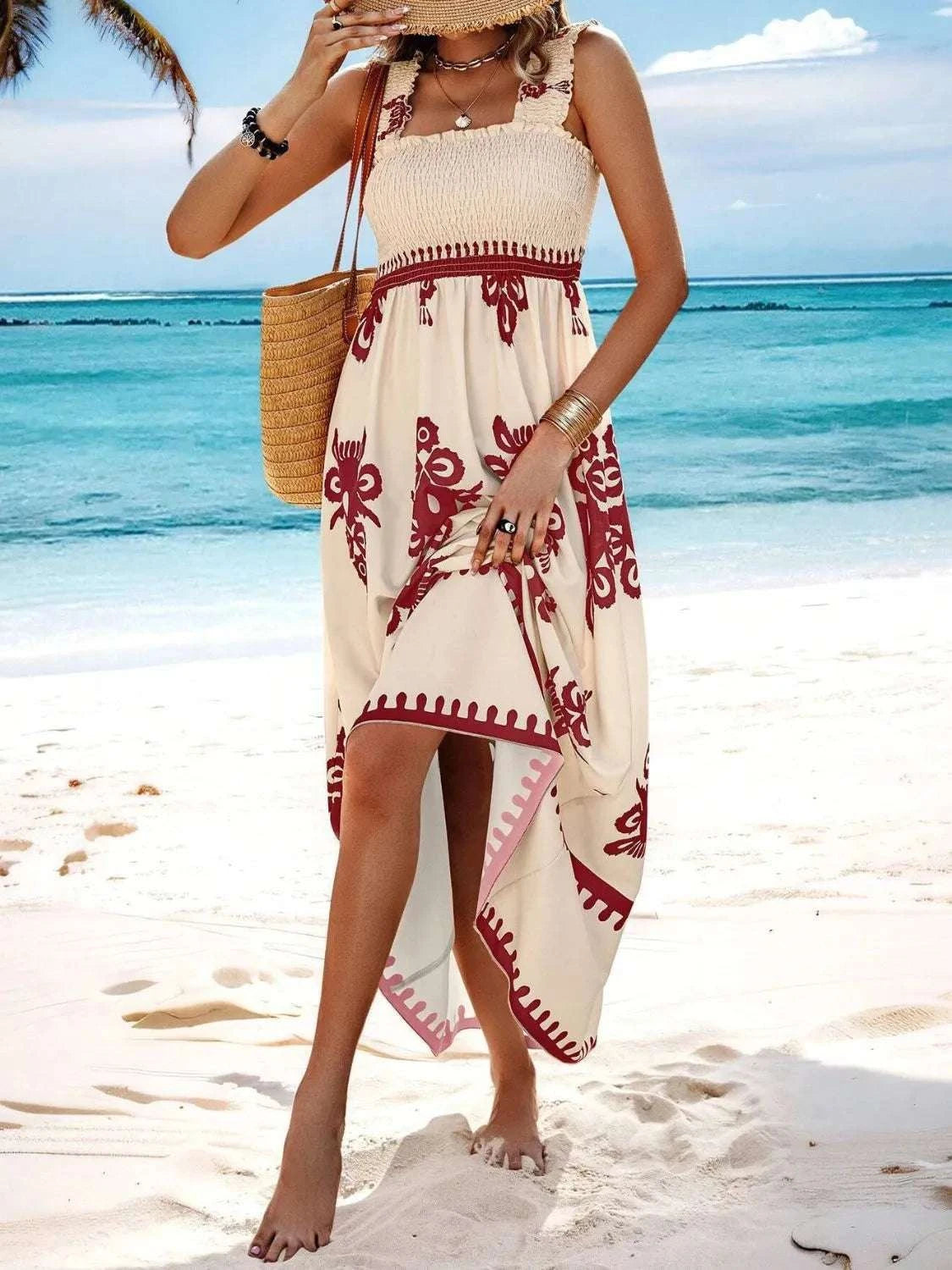 Smocked Printed Wide Strap Maxi Dress WESTCLOSET