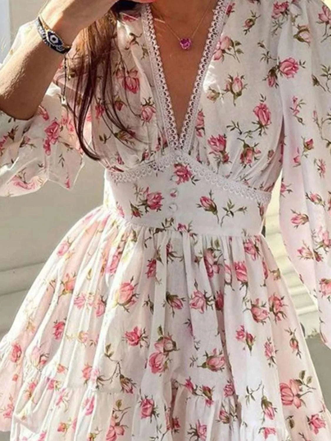 Lace Detail V-Neck Balloon Sleeve Dress WESTCLOSET