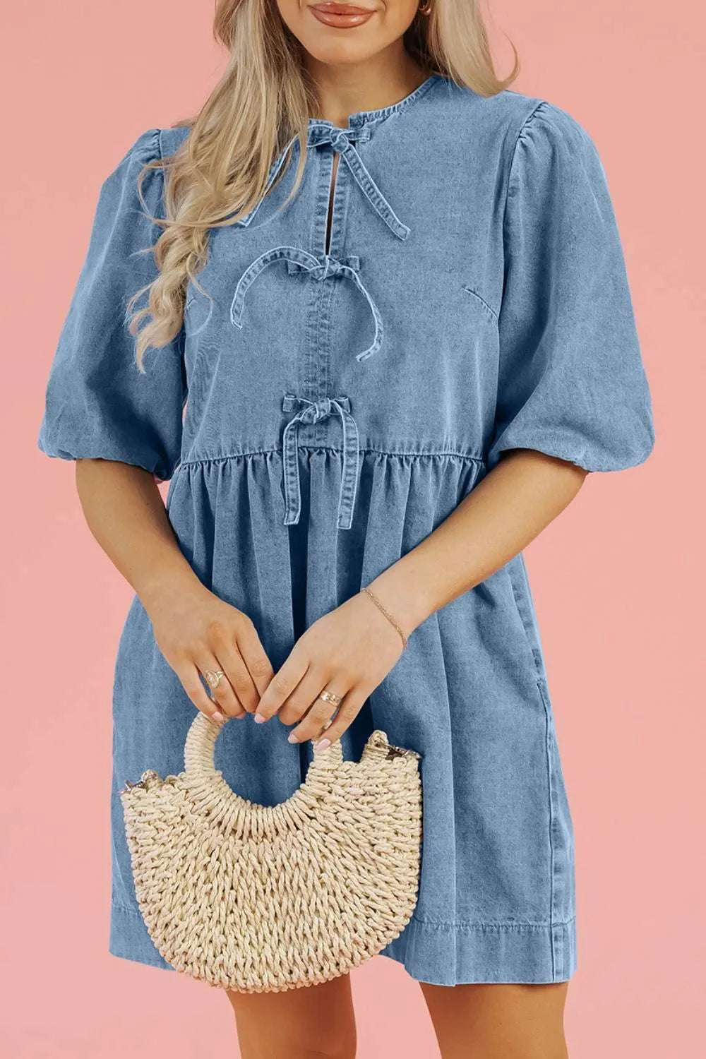 Bowknot Round Neck Half Sleeve Denim Dress WESTCLOSET