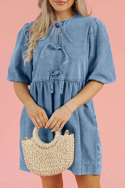 Bowknot Round Neck Half Sleeve Denim Dress WESTCLOSET