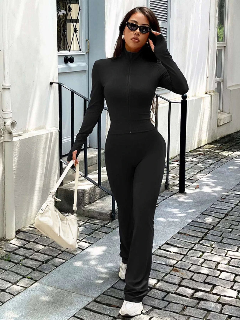 Zip Up Long Sleeve Outerwear and Pants Active Set WESTCLOSET