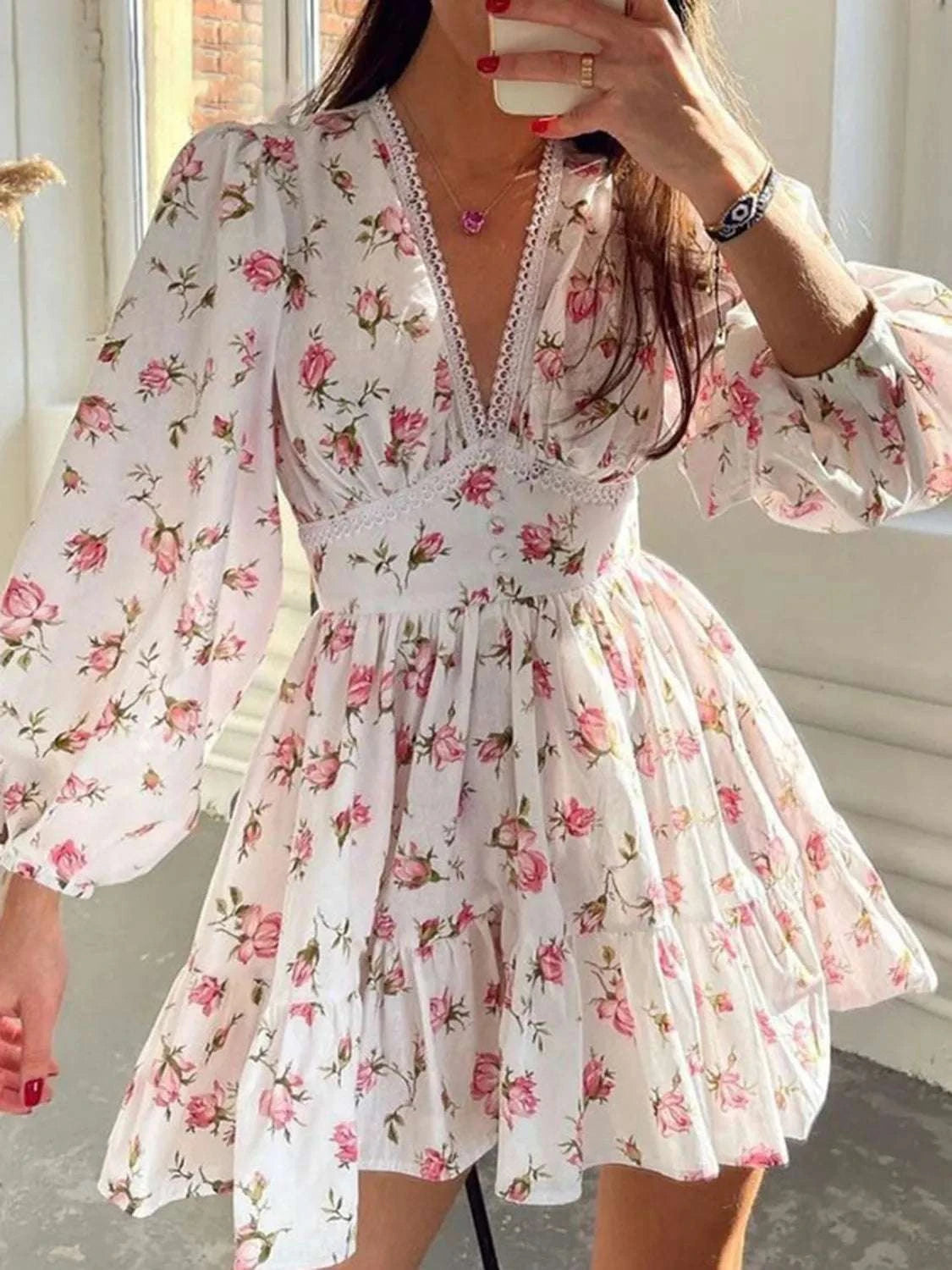 Lace Detail V-Neck Balloon Sleeve Dress WESTCLOSET
