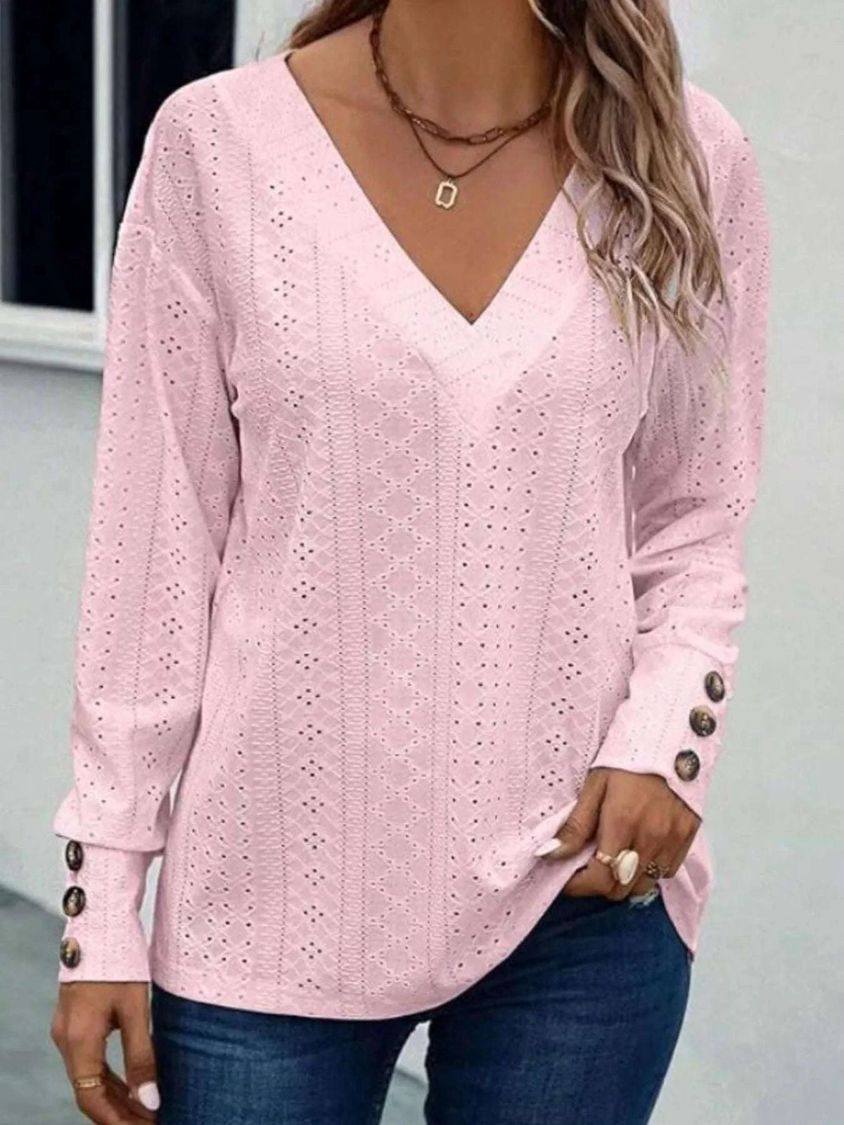 Eyelet V-Neck Long Sleeve T-Shirt WESTCLOSET