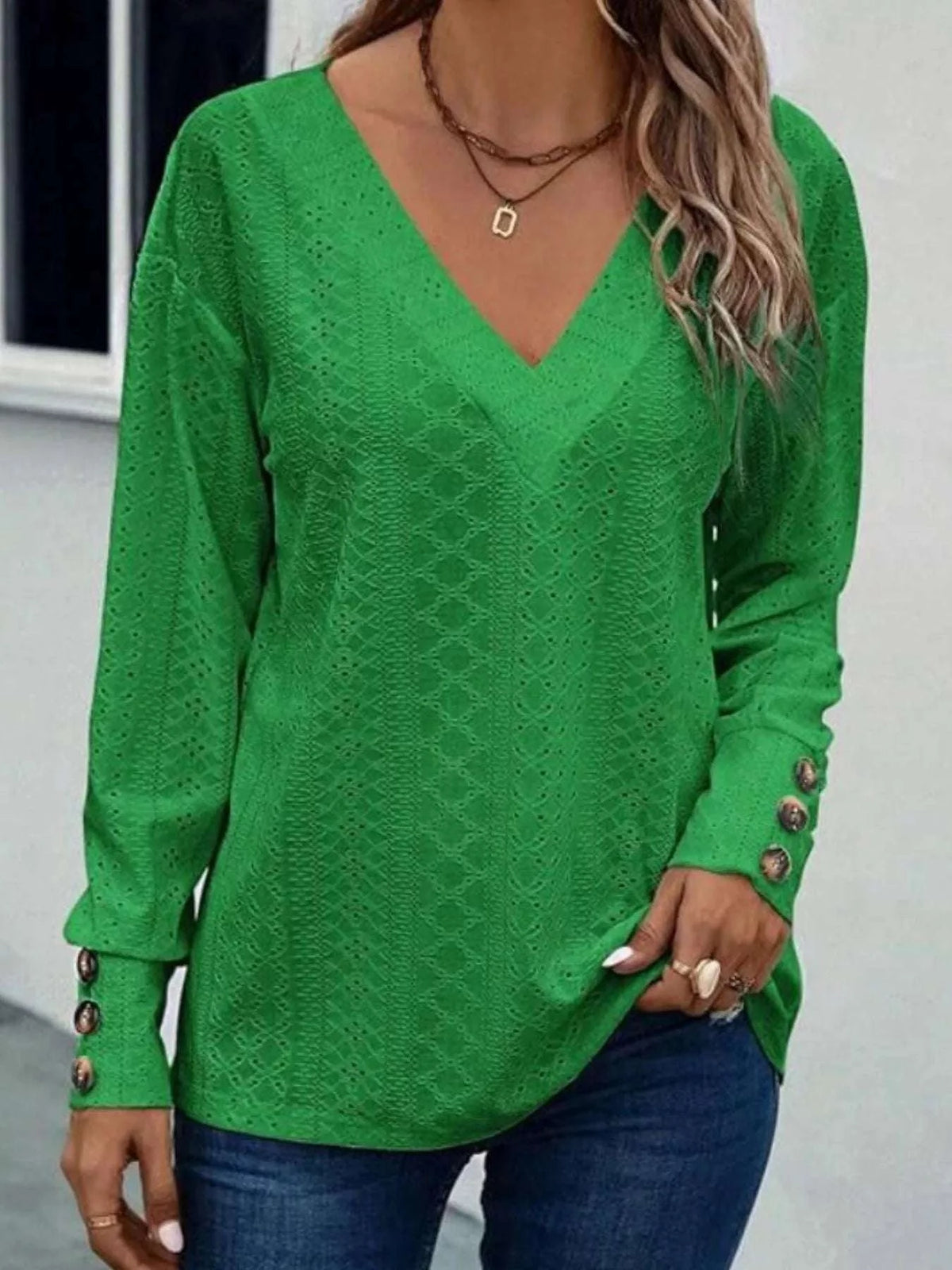 Eyelet V-Neck Long Sleeve T-Shirt WESTCLOSET